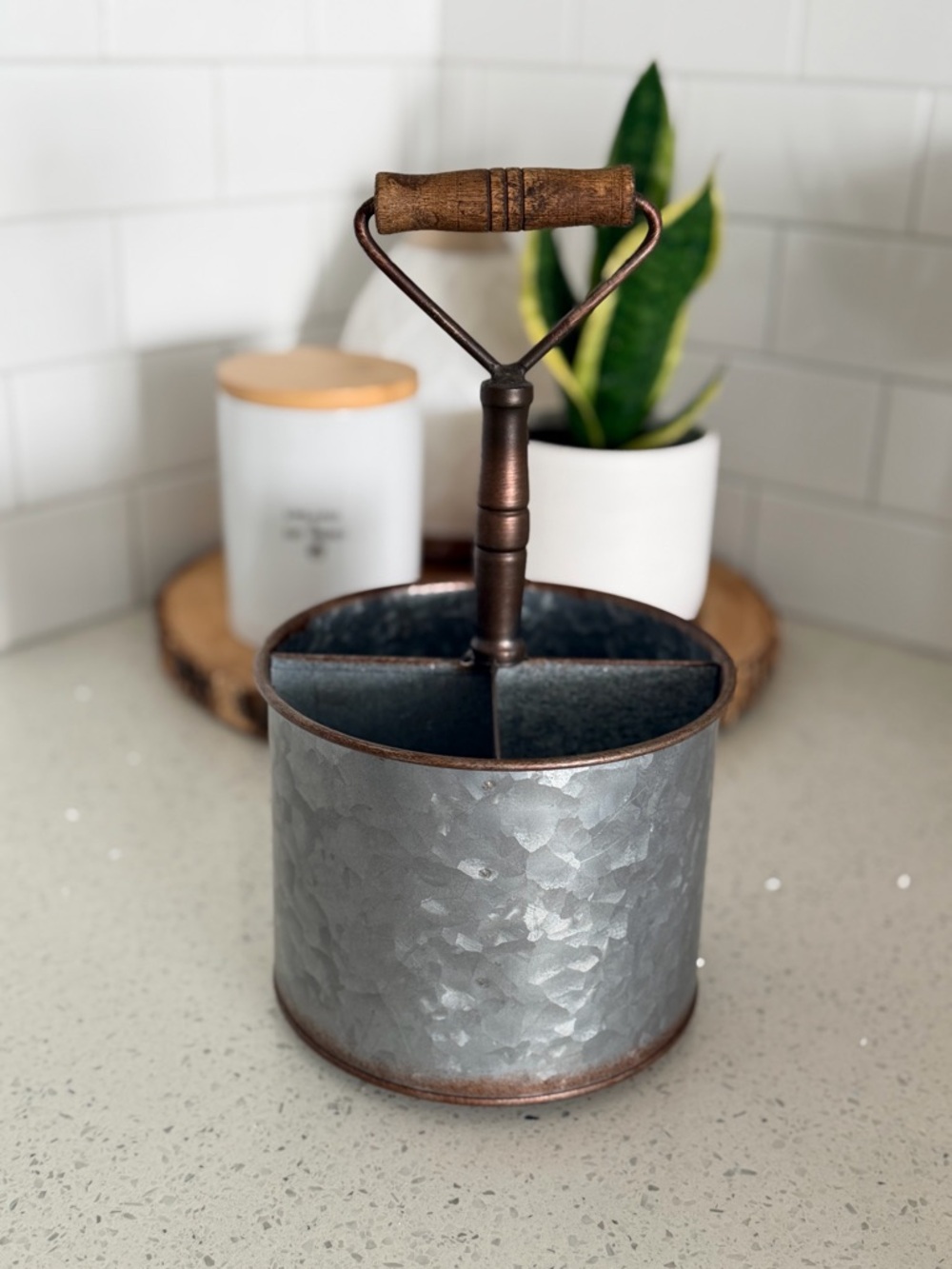 Galvanized Metal Utensil Caddy with Wood Handle - Picture 2 of 4
